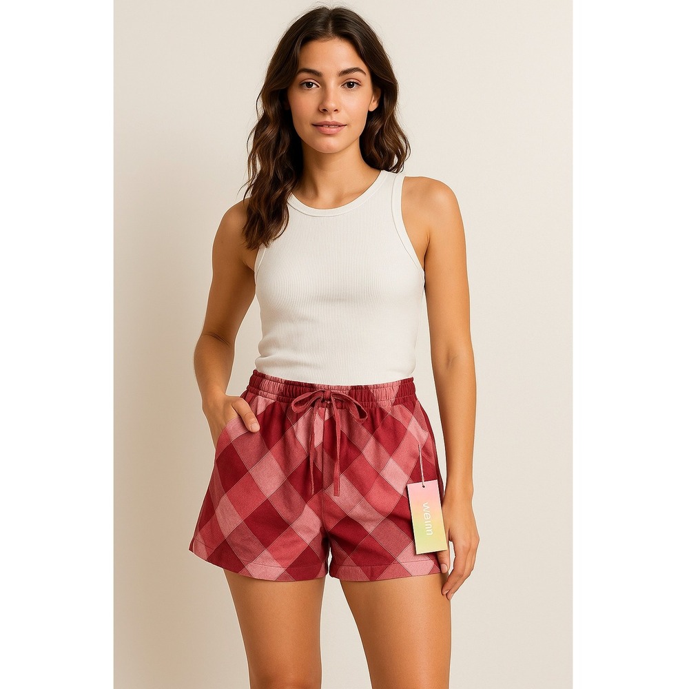 Warm Shorts Women XS Pink Red Patchwork Diamond Print Elastic Waist NWT Luxury